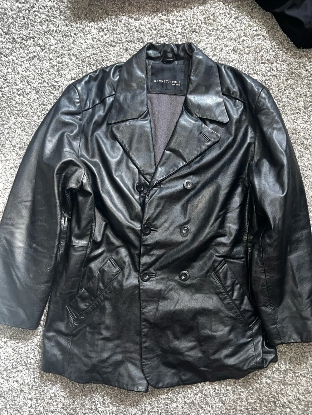 Kenneth Cole Black Double-Breasted Leather Pea Coat - Picture 1 of 4